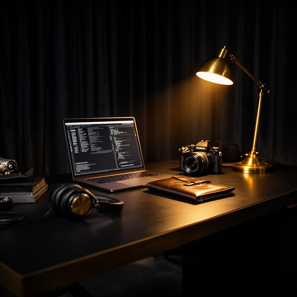Premium dark studio workspace with cinematic gold light, laptop, camera and brass lamp
